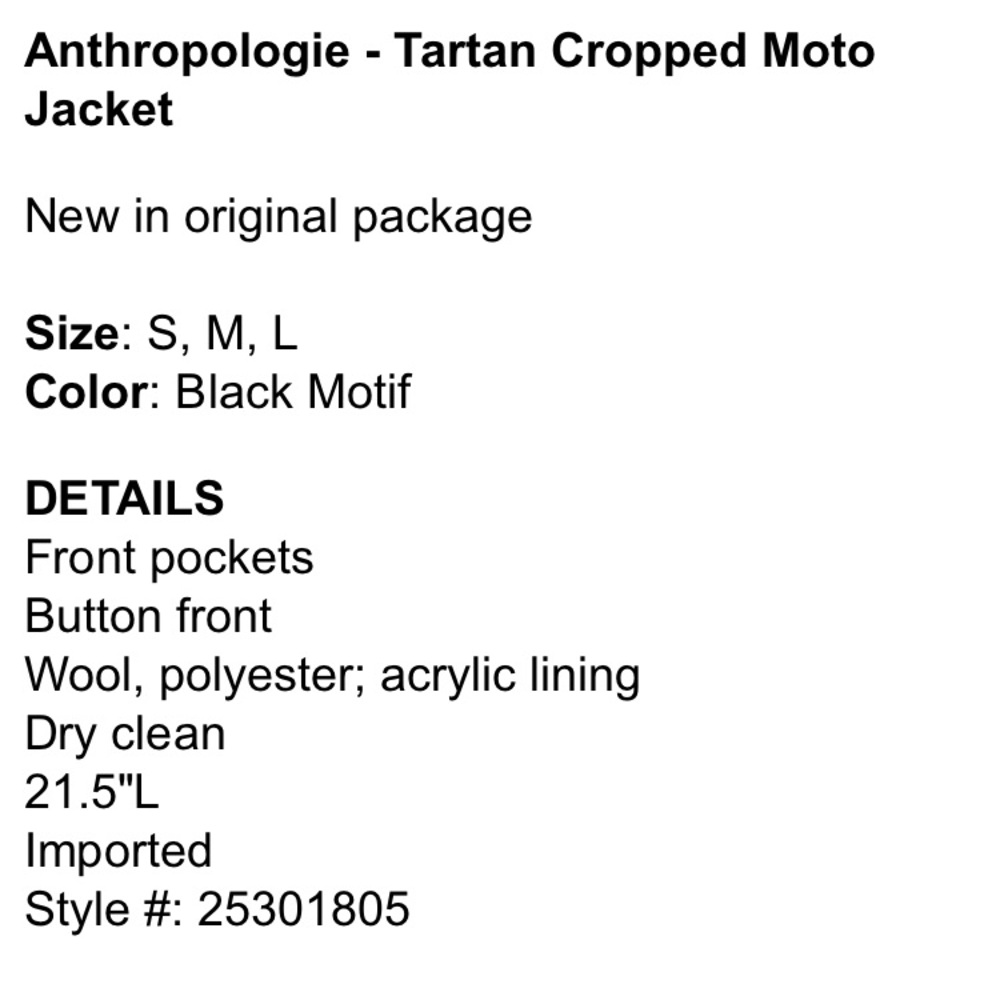 NIP Anthropologie Tartan Cropped Moto Jacket $278 - Picture 3 of 3